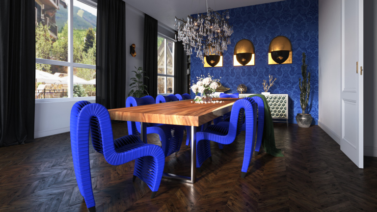 Luxury Dining Room With Natural Wood Table And Blue Seat Belt Dining Chairs